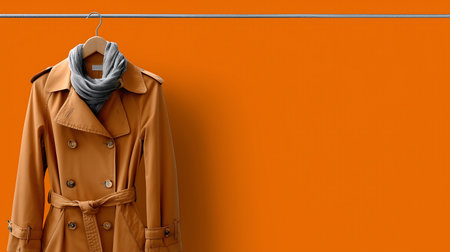 Orange trench coat hanging on clothesline with copy space on orange backgroundの素材