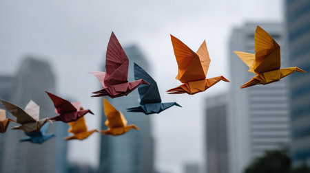 Colorful paper origami birds flying on the background of the cityの素材