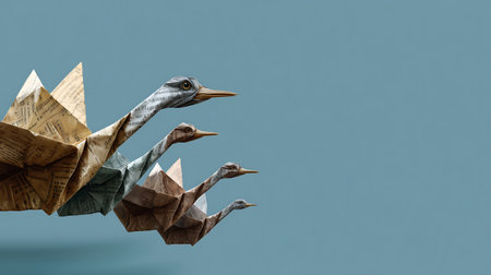 Paper origami dinosaur isolated on blue background. 3d rendering.の素材