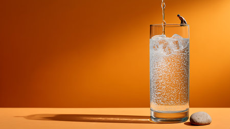 Glass of water with ice cubes on orange background. Copy space.の素材
