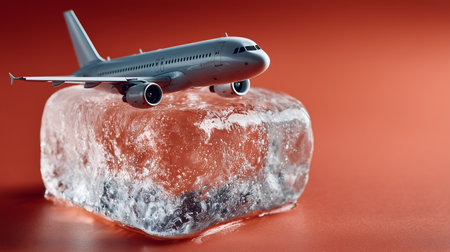 Airplane in ice cube on red background. Concept of travel.の素材