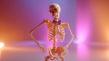Skeleton with bow tie on colorful background. Halloween concept. 3D Renderingの素材