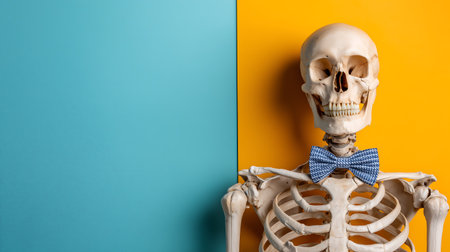 Skeleton with bow tie on blue and yellow background, copy spaceの素材