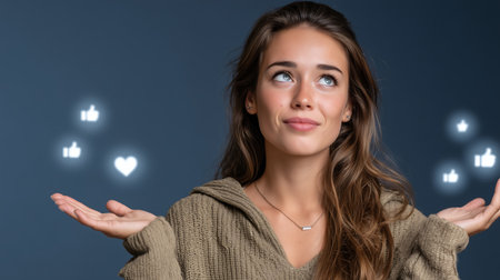 Beautiful young woman in sweater with social media icons on blue backgroundの素材