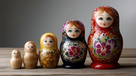 Matryoshka dolls on wooden table. Russian national souvenirの素材