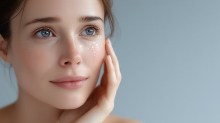 Portrait of young beautiful woman applying cream on her face. Girl looking at camera.の素材