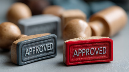 Approved and Approved stamp on the table. Business concept.の素材
