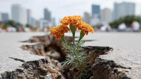 Marigold flower on the ground with cityscape background, Thailand.の素材