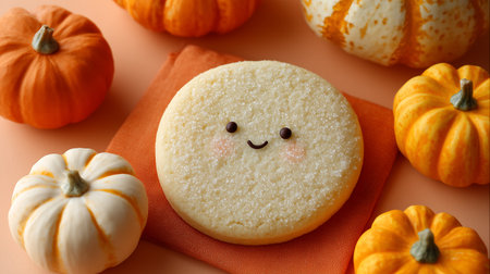 Pumpkin cake with funny face on orange background, closeupの素材