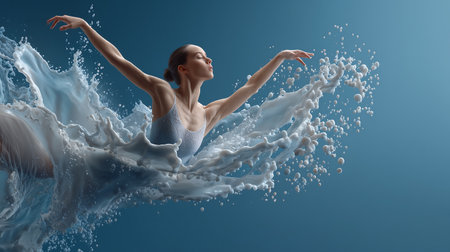 Young woman dancer in water splashes on blue background. Mixed mediaの素材
