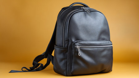 Black leather backpack on a yellow background with copy space for text.の素材