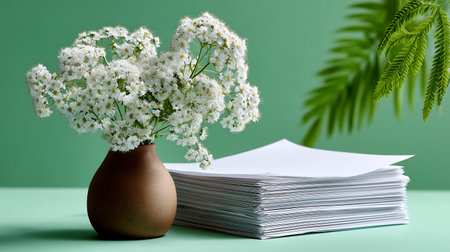 A bouquet of white flowers in a vase on a green backgroundの素材