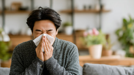 sick asian man sneezing in handkerchief at homeの素材