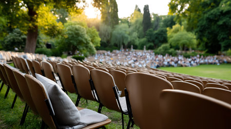 Rows of empty chairs in a row at an outdoor concert.の素材