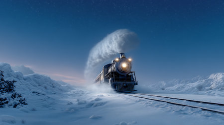 Steam locomotive in the snowy mountains at night. 3D renderingの素材