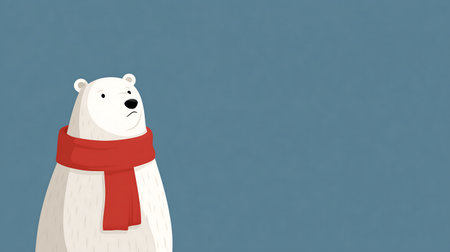 White polar bear in red scarf on blue background. Vector illustration.の素材