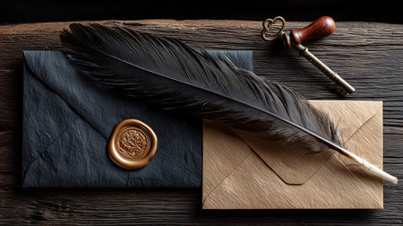 Feather pen, inkwell and envelope on a dark wooden backgroundの素材