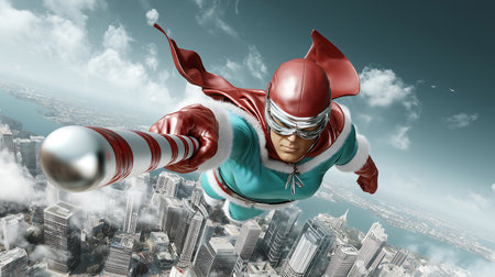 Superhero woman against modern city background. Mixed media. Mixed mediaの素材