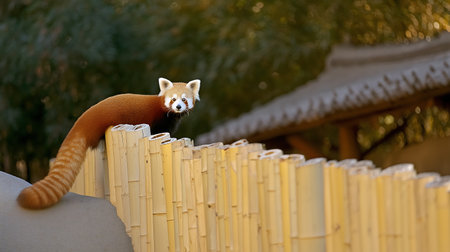 Red panda sitting on bamboo fence in the park. Close up.の素材