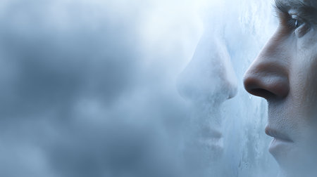 Double exposure of woman face and clouds on background. 3D renderingの素材