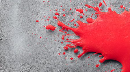 Red paint splashes on grey background. 3d rendering, 3d illustration.の素材