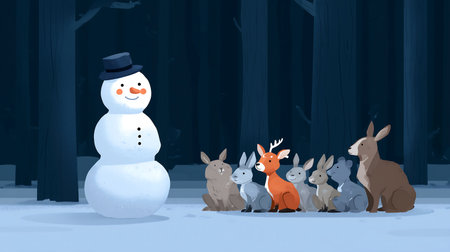 Snowman with deer and snowman in winter forest. Vector illustration.の素材