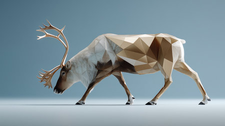 Low poly reindeer isolated on blue background. 3D renderingの素材