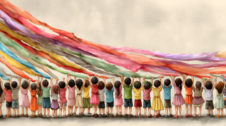 Group of children standing in line with colorful ribbons as symbol of friendshipの素材