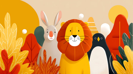 Cute cartoon lion, penguin, penguin and rabbit on autumn background. Vector illustration.の素材