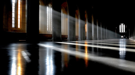 interior of a church at night with a long exposure of lightの素材