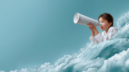 Little cute girl looking in paper trumpet on blue sky background with cloudsの素材