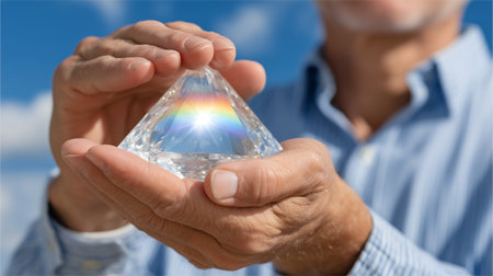 Senior man holding a diamond in his hands against a blue sky backgroundの素材