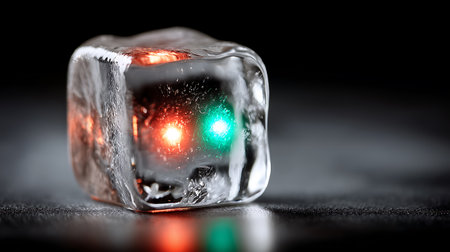 Frozen ice cube with red and green light on a black backgroundの素材