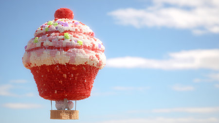 Colorful hot air balloon floating in the blue sky with white cloudsの素材