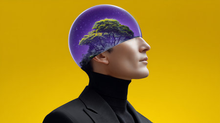 Human head with a tree inside on a yellow background. Business conceptの素材
