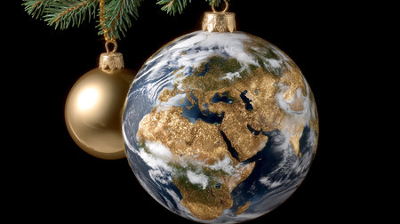 Christmas globe and Christmas tree branch on black background, 3D renderingの素材