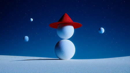 snowman with red hat and planets in the background, 3d renderの素材