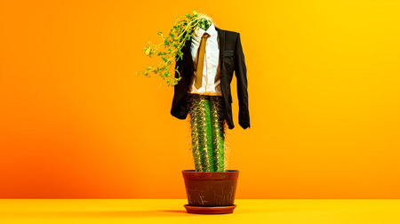 Cactus in a pot with a man's suit on a yellow backgroundの素材