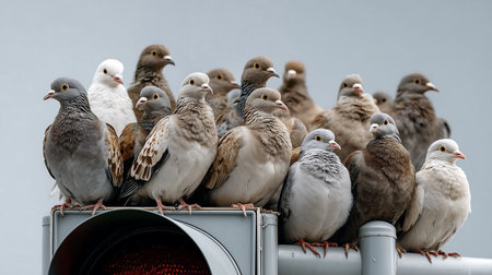 Group of pigeons sitting on a traffic light. Selective focus.の素材