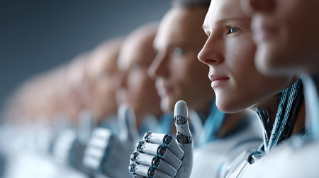 Row of robots on grey background. Concept of artificial intelligence. 3d renderingの素材