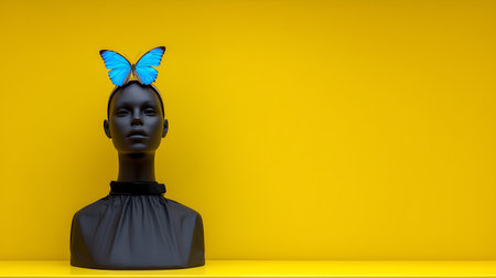 Black mannequin head with butterfly on yellow background. 3d renderingの素材
