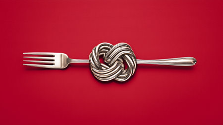 Fork and knife twisted in a knot on a red background.の素材