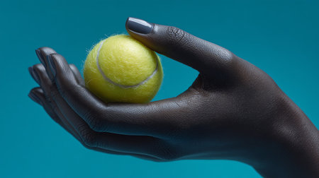 Female hand in black glove holding a tennis ball on a blue backgroundの素材