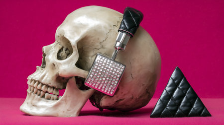 Human skull with a grater and a black pyramid on a red backgroundの素材