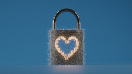 Padlock with pixel heart on blue background. 3D rendering.の素材