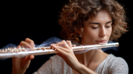 Beautiful young woman playing on flute, isolated on black backgroundの素材