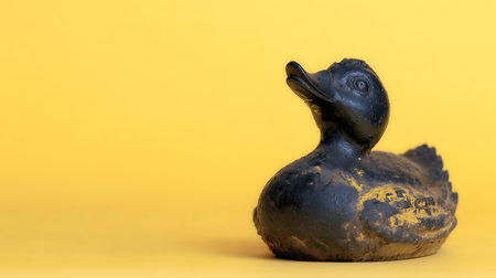 Beautiful ceramic duck on a yellow background. Close-up.の素材