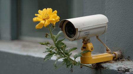 CCTV security camera and yellow flower in front of the house.の素材
