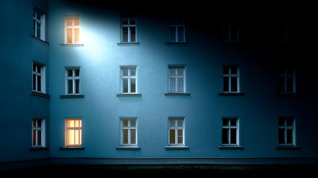 A row of windows on a blue wall with a light coming through themの素材