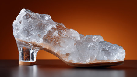 Close-up of broken shoe with ice cubes on orange background.の素材